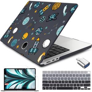 Batianda Case for New MacBook Air 13.6 inch 2025 M4 2024 2022 Release Model A3240 A3113 M3 A2681 M2, Designed Protective Hardshell Keyboard Cover and USB-C OTG Adapter, Cartoon Spaceship