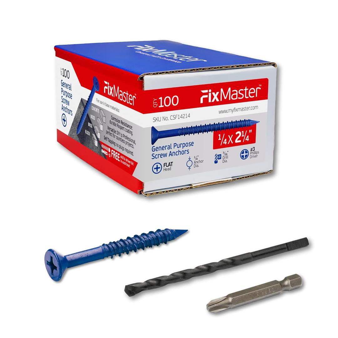 1/4 x 2-1/4" Countersunk Phillips Flat Head Blue Concrete Screw Anchors (100 pcs Screw Kit) with one Screwdriver and Drill Bit for Concrete, Masonry, Block, Brick and Wood Fastening