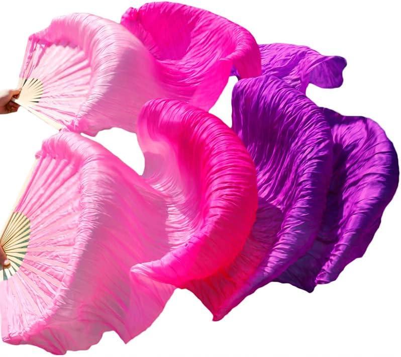 Belly Dance Faux Silk Veil Fans, 1 Pair (Left+Right) Faux Silk Bamboo Long Fans Veils, Handmade Belly Dance Dancing Silk Fans, Dance Performance