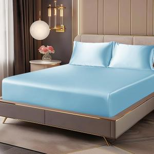 BEDELITE Satin Fitted Sheet and Pillowcases Set, Luxury Soft Similar to Silk Bottom Bedsheet with Elastic Corner Straps, Deep Pocket up to 15 Inch, 1 Fitted Sheet and 2 Pillowcases(Queen, Light Blue)