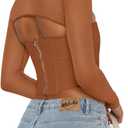 REORIA Women's Sexy Mesh Long Sleeve Boned Corset Top Trendy Y2K Square Neck Going Out Bustier Crop Tops (Brown, M)