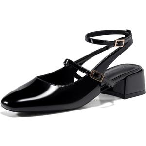 Coutgo Womens Mary Jane Chunky Low Heels Closed Square Toe Ankle Strap Pumps Wedding Party Dress Shoes (9, Black)