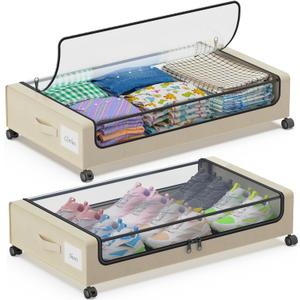 Under Bed Storage with Wheels, 2-Pack Under Bed Storage Containers with Clear Lids, XXL 60L Under the bed storage Organizer Bins, Rolling Under Bed Metal Drawer for Clothes,Shoes,Toys (White, 2 Pack)