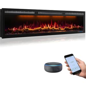 60 Inch WiFi Electric Fireplace Heater, Recessed or Wall Mounted, UltraSlim 5.51" Deep, 750/1500W, 12 Flame Colors & 12 Ember Bed Colors,Remote & App Control, Works with Alexa & Google Home