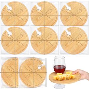 Menkxi 6 Set Wine Appetizer Plates Mini Charcuterie Boards with Glass Holder and Box Gifts for Bridal Shower Game Prizes Wooden Cocktail Cheese Plate for Guests Baby Shower(Round,Light Color)