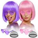 MEEZY 2 Pcs Colorful Bob Wigs with Bangs Pink Purple for Women, Neon Funny Wig Short Bob Hair with Heart Sunglasses Hair Cap for Halloween Costume Cosplay Birthday Bachelorette Party Carnival