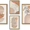 NIKICEE Large Framed Boho Canvas Wall Art, Mid Century Modern Room Decor, Minimalist Geometric Abstract Boho Bathroom wall art Canvas Prints Ready to Hang Bedroom decor, Set of 4 (12x16inch, orange)