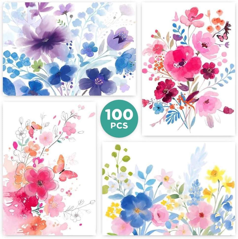 100 Pack Blank Cards and Envelopes, 3.5 x 5 Inch Watercolor Flowers Blank Greeting Cards, Note Cards Blank Inside, Blank Cards for All Occasions Bulk
