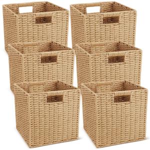 Newtay 6 Pcs Wicker Storage Baskets 11 x 11 in Cube Storage Bin Organizer Camel Square Foldable Wicker Baskets for Shelves Organizing Decor Laundry Pantry Toys