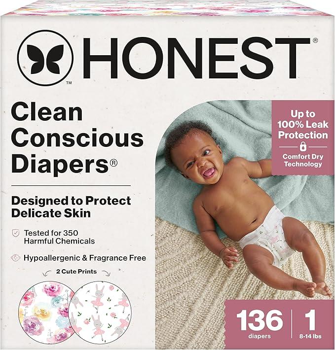 The Honest Company Comfort Dry Disposable Diapers for Sensitive Skin, Hypoallergenic, Rose Blossom + Tutu Cute, Super Club Box Size 1 (8–14 lbs), 136 Count