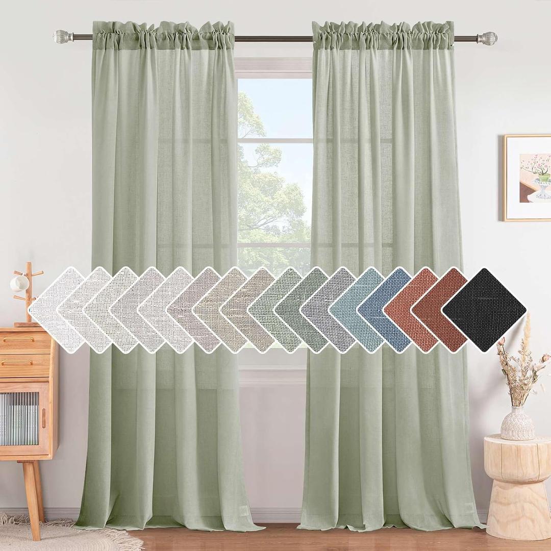H.VERSAILTEX Sage Linen Curtains 108 Inches Long for Living Room 2 Panel Set Rod Pocket Top Drapes Light Weight Cotton Textured Semi Sheer Curtain for Large Window Patio Door Vertical 9 FT Tall
