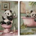 Funny Bathroom Wall Art Set of 2, Panda on Toilet and in Bathtub Wall Decor Paintings, Cute Animal Canvas Prints Pictures Aesthetics Home Decor for Bathroom Restroom 12x16 Inch Framed