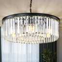 Black Modern Crystal Chandelier, 2-Tier Round Flush Mount Ceiling Light Fixtures Height Adjustable Pendant Lighting for Dining Room Living Room Bedroom Kitchen Hotel Foyer