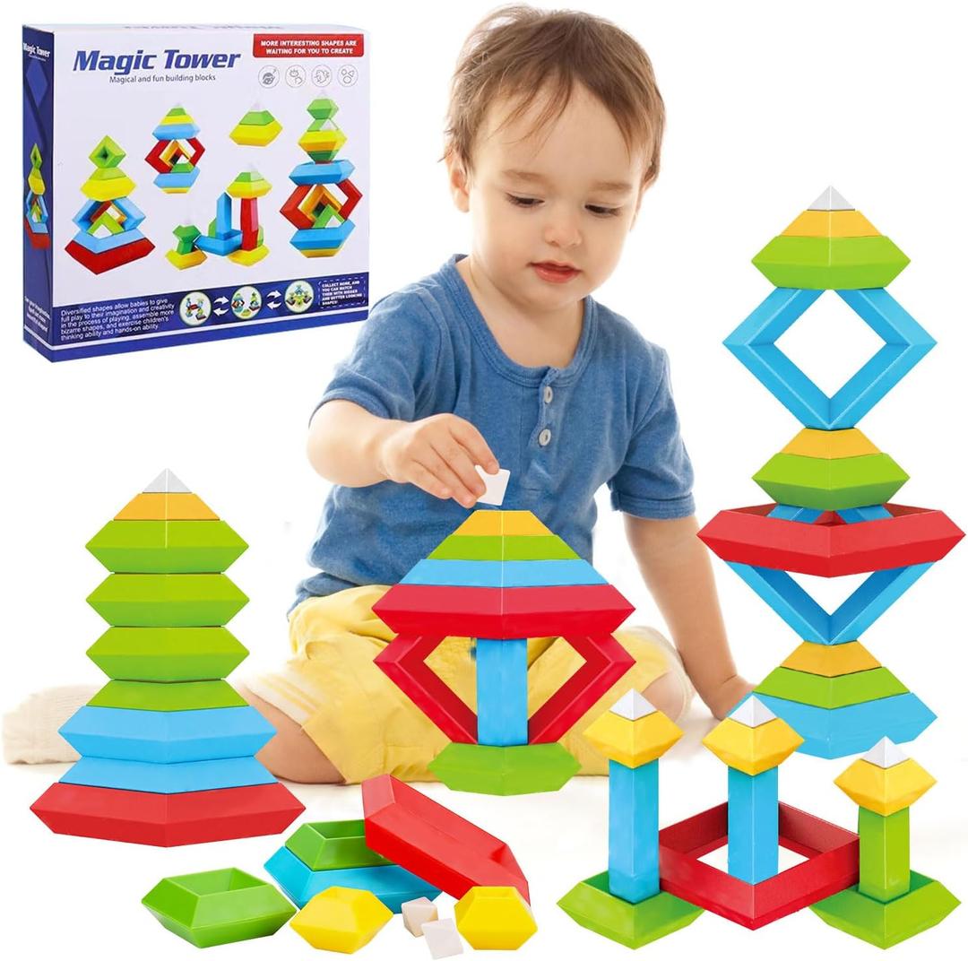 Tsomtto Montessori Toys for 1 2 3 4 5 6 Year Old Boy Girl Toddlers Preschool Learning Activities 30 Pcs Stacking Building Blocks STEM Stackable Educational Sensory for Kids Age 1-3 3-5