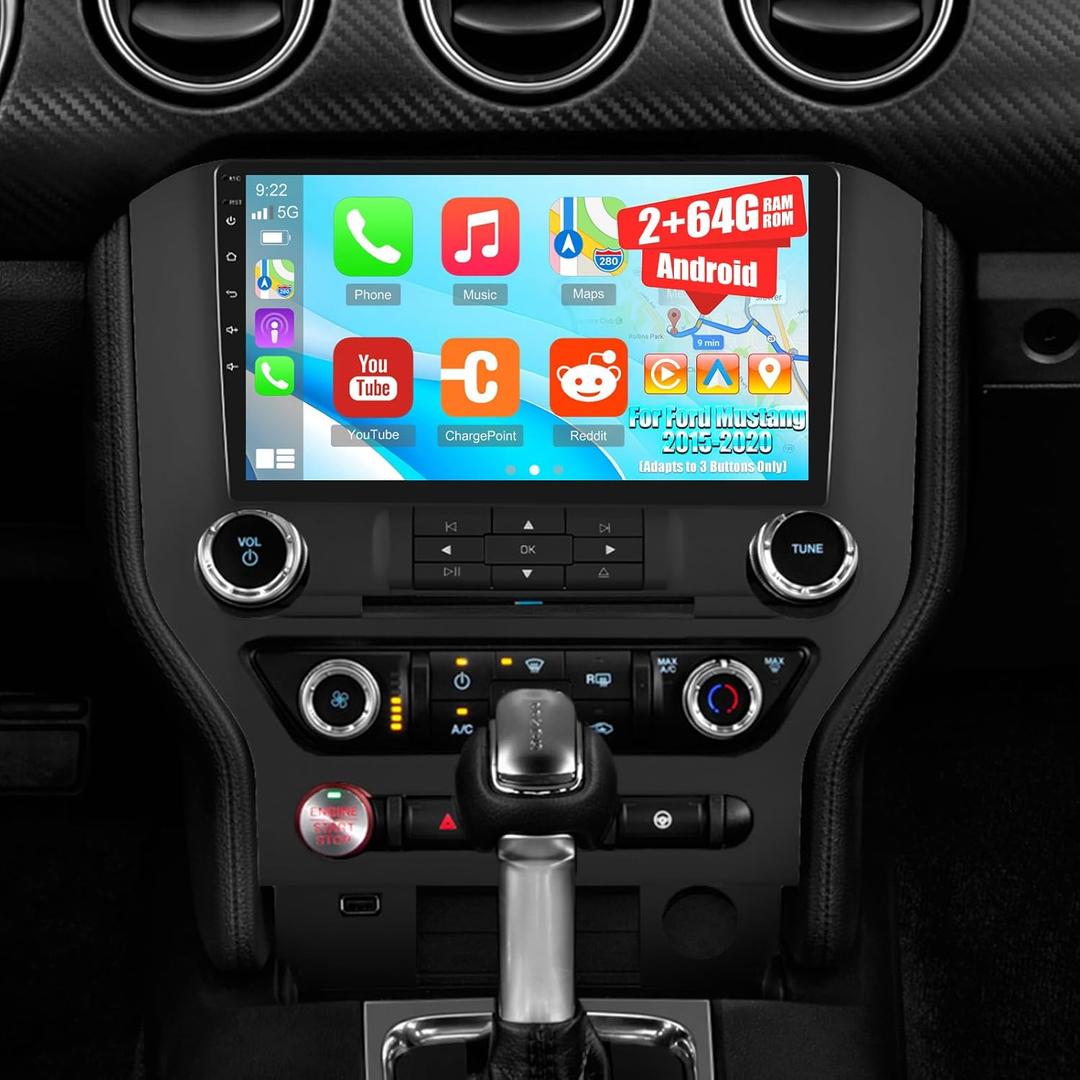 [2G+64G] 9 inch Screen for Ford Mustang Radio 2015 2016 2017 2018 2019 2020 (Adapts to 3 Buttons Only), Android Mustang Car Stereo Support Carplay/Android Auto/1080P/Bluetooth/FM RDS
