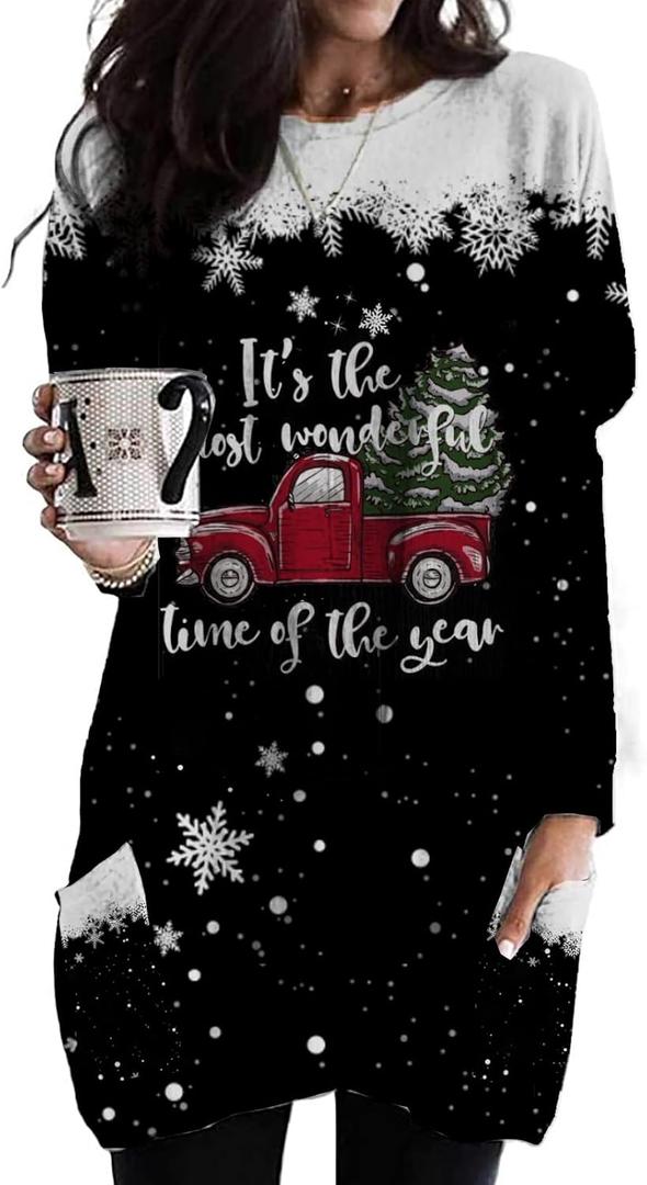 NOVEPT Womens Shirt with Pocket, Loose Casual Gift Tunic Tops, Long Sleeve T-Shirt Dress for Women, Size: S