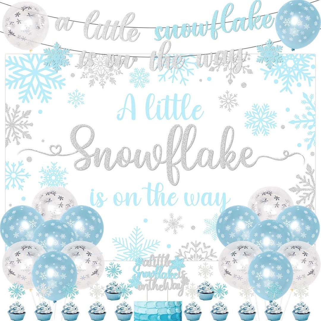 Winter Baby Shower Decorations Boys, A Little Snowflake is On The Way Backdrop Banner Blue Silver Balloon Snowflake Cake Cupcake Topper for Boy Winter Snowflake Baby Shower Party