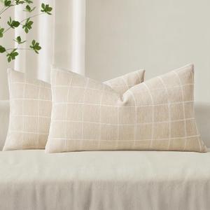 MIULEE Decorative Chenille Check Lumbar Throw Pillow Covers Vintage Plaid Couch Pillows 12x20 Inch Set of 2 Neutral Boho Farmhouse Cushion Covers Modern Home Decor for Sofa Bed Living Room Beige