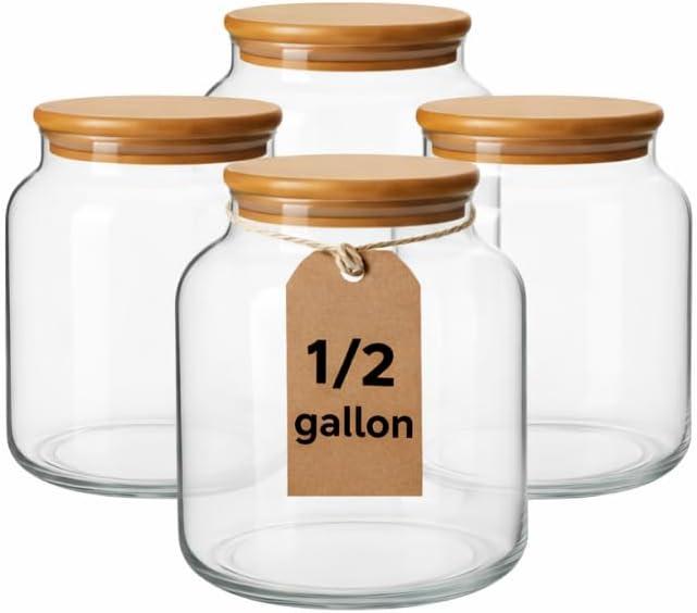 kitchentoolz 1/2 Gallon Mason Jar - Borosilicate Half Gallon Mason Jars Large - 64oz Wide Mouth Big Storage with Wooden Lid - Half Gallon Glass Jar - 4 Pack