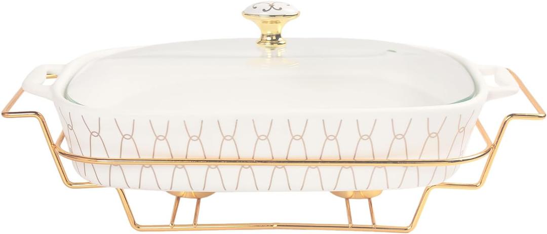 Ceramic Casserole Dish with Glass Lid and Rack, 50 ounce Serving Soup Tureen,Chafing Dish for Buffet, Family Food preserve Tray, Catering Casserole for Party Style, White 14.4 Inch