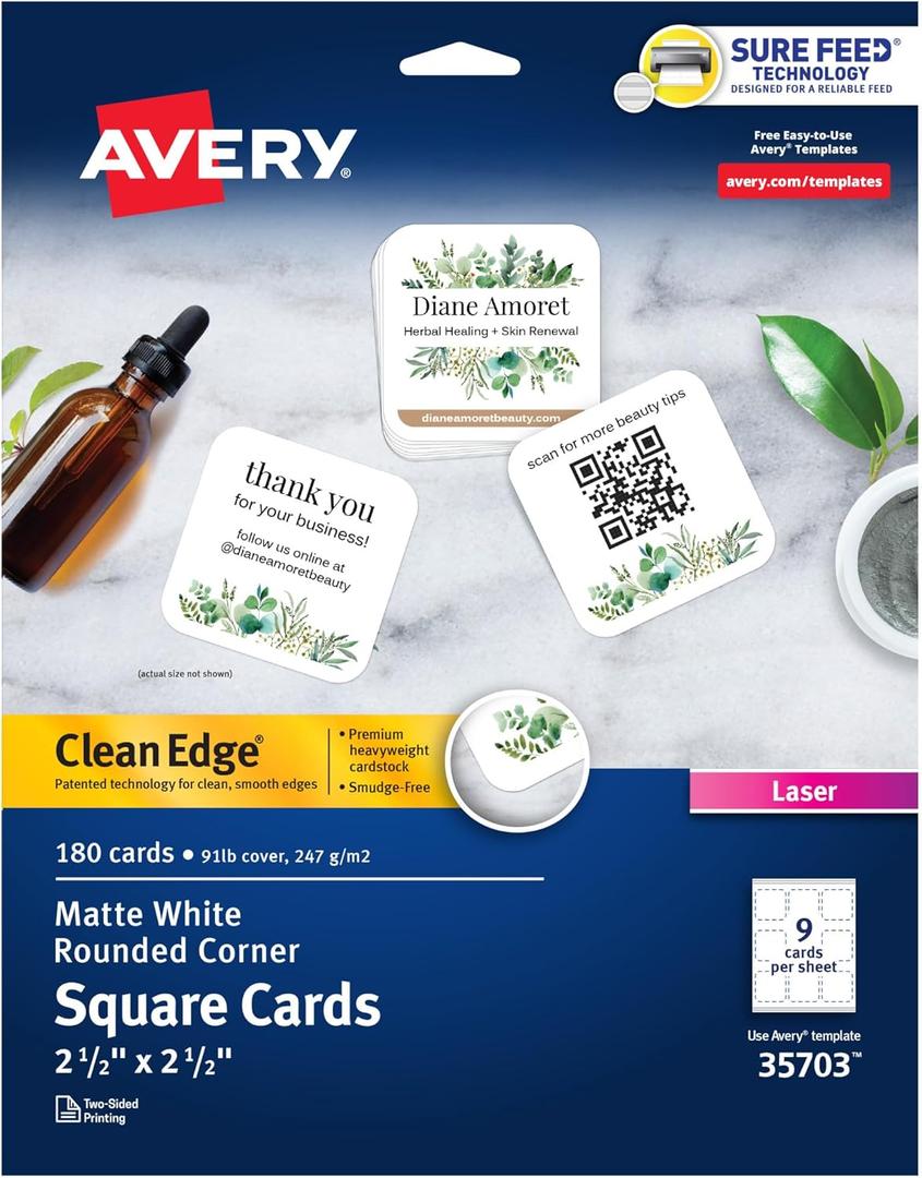 Avery Clean Edge Printable Square Cards with Sure Feed Technology, Rounded Corners, 2.5" x 2.5", White, 180 Blank Cards for Laser Printers (35703)