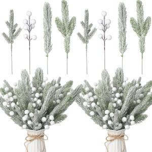 Giegxin 65 Pcs Christmas Snowy Branches Tree Picks White Artificial Floral Picks Fake Berry Pine Greenery Stems Christmas Snowy Pine Needles for Holiday Xmas Tree Wreath Garland Craft Decor