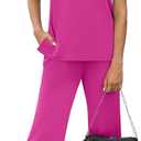 WIHOLL Two Piece Sets for Women Summer Spring Travel Vacation Outfits Short Sleeve Lounge Sets Side Slit Wide Leg Pants (Pink, L)