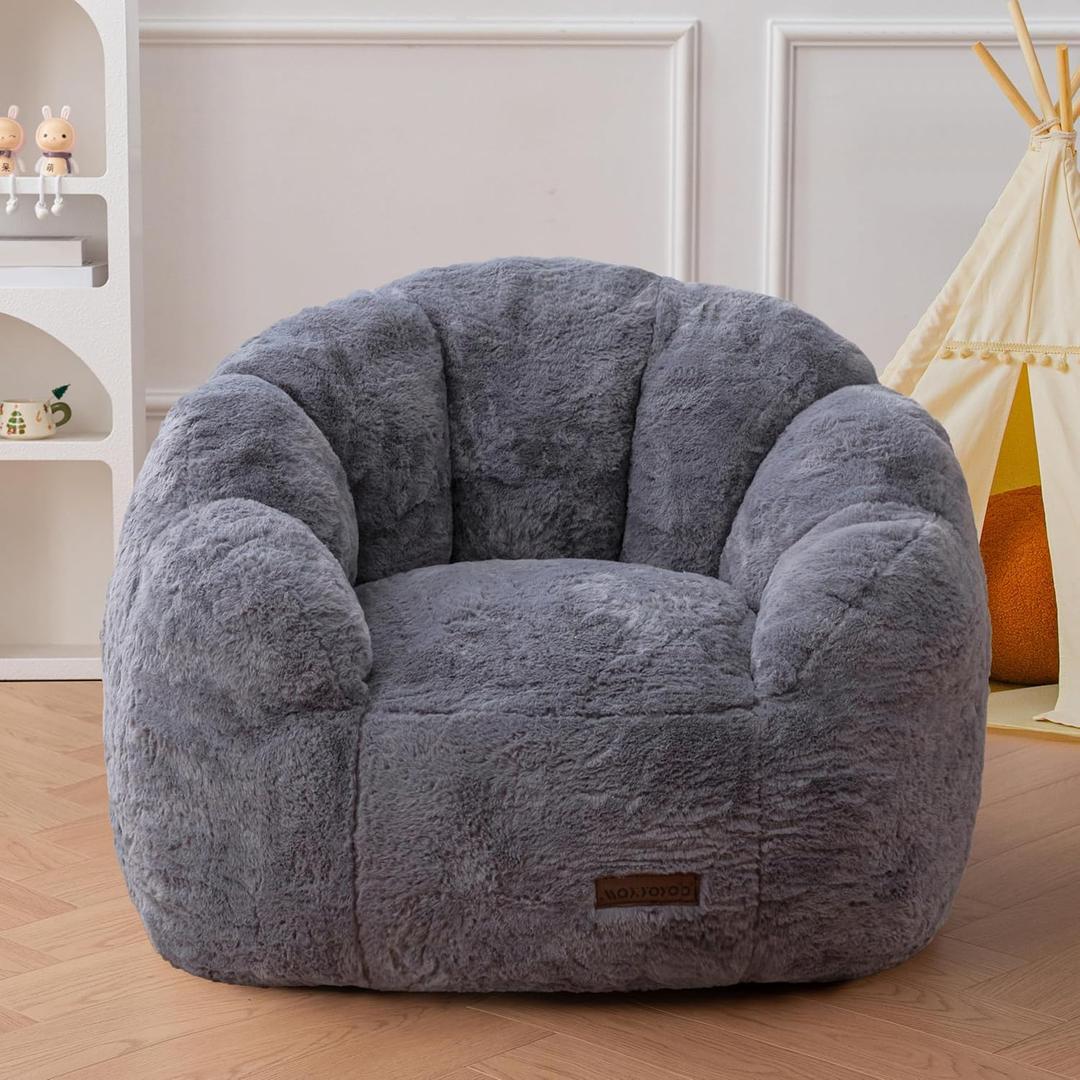 MAXYOYO Kids Bean Bag Chair, Floral Shaped Bean Bag Sofa, Plush Faux Fur Toddler Couch with Petal Backrest for Boys Girls, Stuffed Cozy Sofa for Nursery, Bedroom, Grey