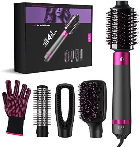 4 in 1 Blow Dryer Brush Negative Ionic Hot Air Brush Kit, Hair Volumizer with 4 Detachable Brush Heads for Straightening Curling Styling 