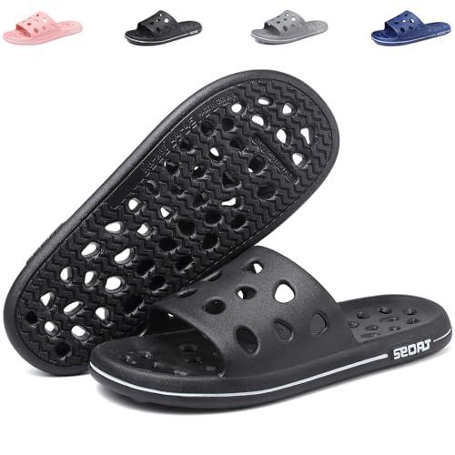FINLEOO Shower Shoes for Women Men, Quick Drying Shower Sandals with Drain Holes Non-Slip Pool Slides Comfortable Lightweight House Slippers-Black (12-13 Women/11-12 Men)