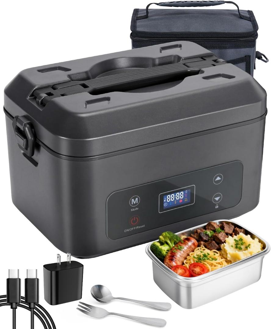 AIZOCO Cordless Electric Lunch Box for Adults, Heated Lunch Box Battery Powered with 5 Side Heating, Portable Food Warmer with 5.5 Cups Removable Container, Self-Heating Food Warmer for Work,GreyBlack