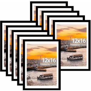JCJMY 10 Pack 12x16 Picture Frame with 11x14 Mat, Display 11x14 with Mat or 12x16 Without Mat, 12 by 16 Frames Bulk Set of 10 Collage Gallery Wall Decor Photo Frames Set for Wall, Black