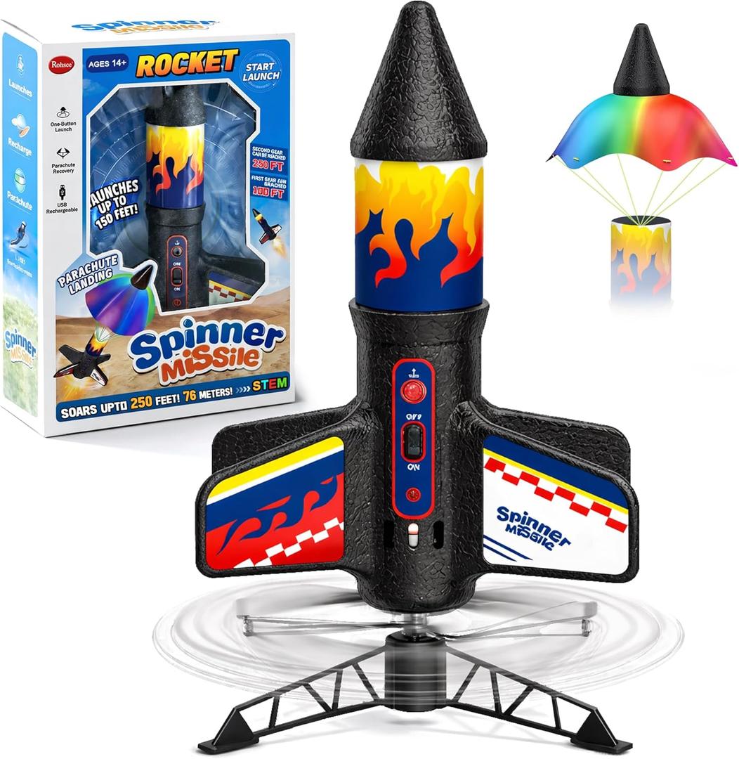 Rocket Launcher for Kids, Electric Flying Rocket Toy Launches Up to 250FT with Parachute Landing & LED Light, Rechargeable Outdoor STEM Toy for Backyard Play for Boys & Girls