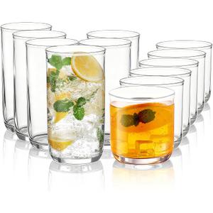Kyraton Drinking Glasses Set of 12, PET Clear Plastic Highball Glasses 14oz & Whisky Cocktail Glasses Set 11.5oz, Heavy Duty Unbreakable Water Glasses Cup Tumbler Glassware for Beer, Juice, Milk