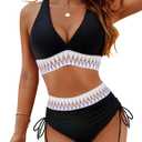 Blooming Jelly Women High Waisted Bikini Sets Tummy Control Swimsuits Color Block Two Piece Drawstring Bathing Suit (Medium, Black- New)