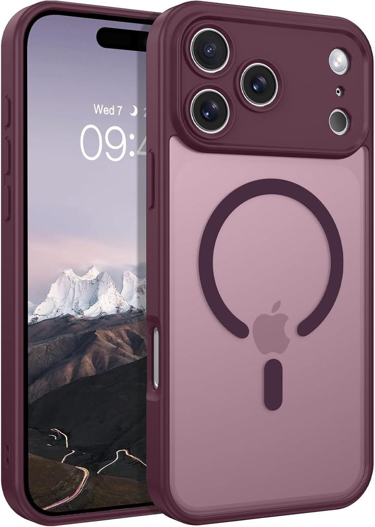 Magnetic for iPhone 17 Pro Max Case 2025, Upgraded [Full Camera Protection] [Compatible with Magsafe] [Translucent Matte] Drop Shockproof Protective Bumper Women Men Phone Cover 6.9inch, Burgundy