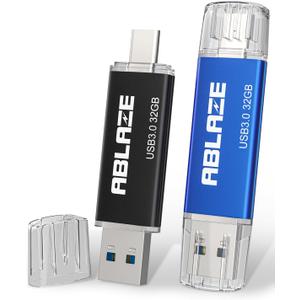 ABLAZE USB C Flash Drive 32GB 2 Pack, Dual USB 3.0+Type C Flash Drive Compatible with iPhone 16/15, Android Smartphone, Computer,Tablet Mac Laptop (2 Pack)
