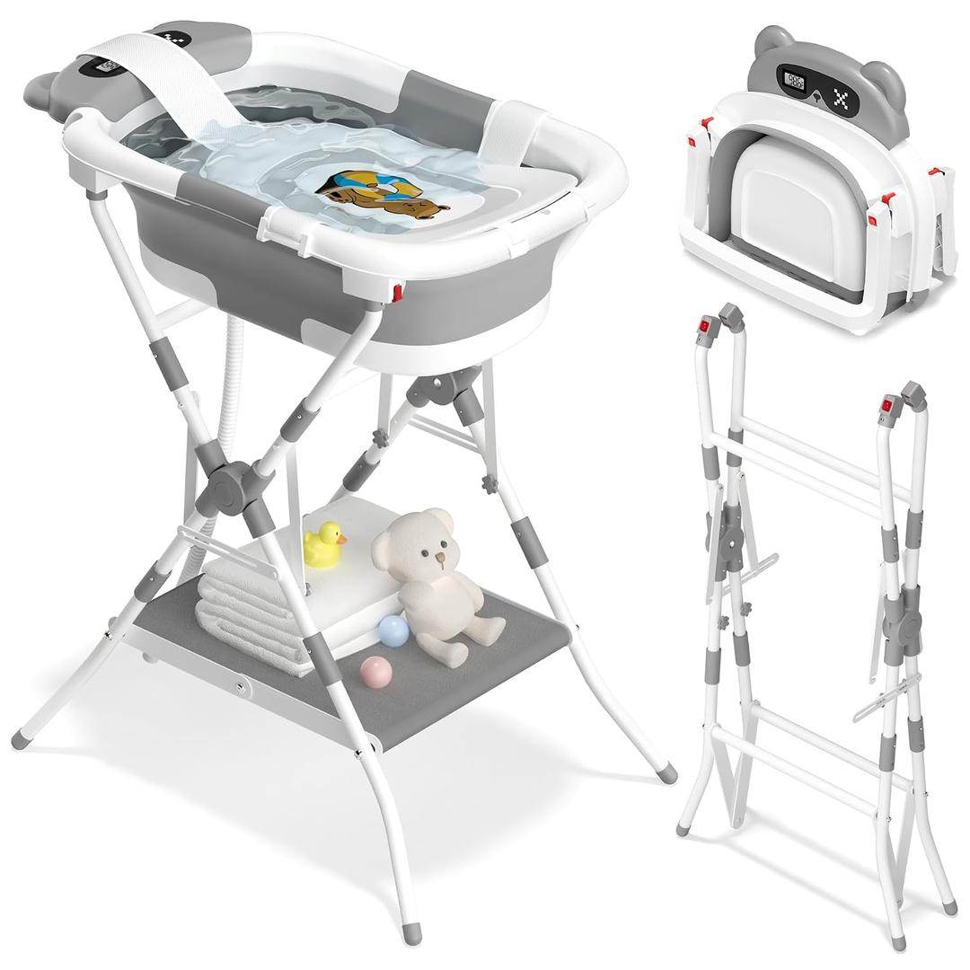 AVIDOR 2-in-1 Baby Bathtub with Stand for Newborn and Infants, Foldable Baby Bath Tub, Baby Shower Gifts for New Parents, Gray