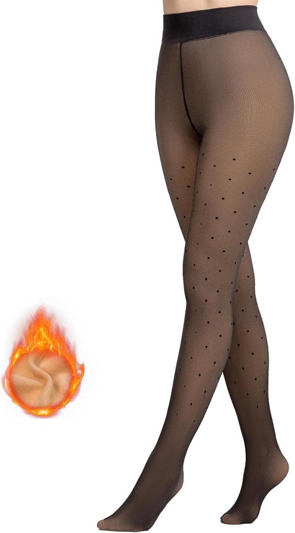 MANZI Women's Polka Dots Fleece Lined Faux Sheer Black Warm Tights Patterned Fake Translucent Winter Thick Thermal Stockings