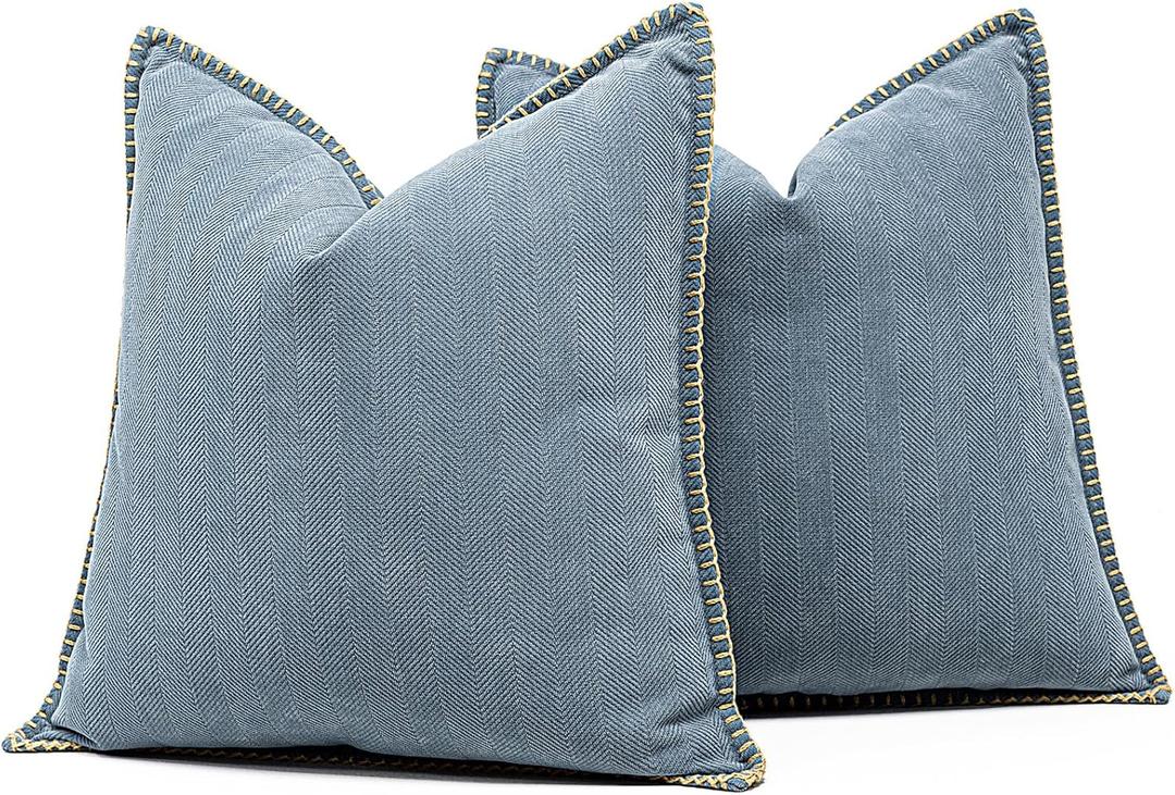 Dusty Blue Textured Throw Pillow Cover 22x22 Set of 2 Decorative Chenille Pillow Cover with Stitched Edges, Neutral Farmhouse Pillow Case for Couch Sofa Living Room Bedroom Accent Decor