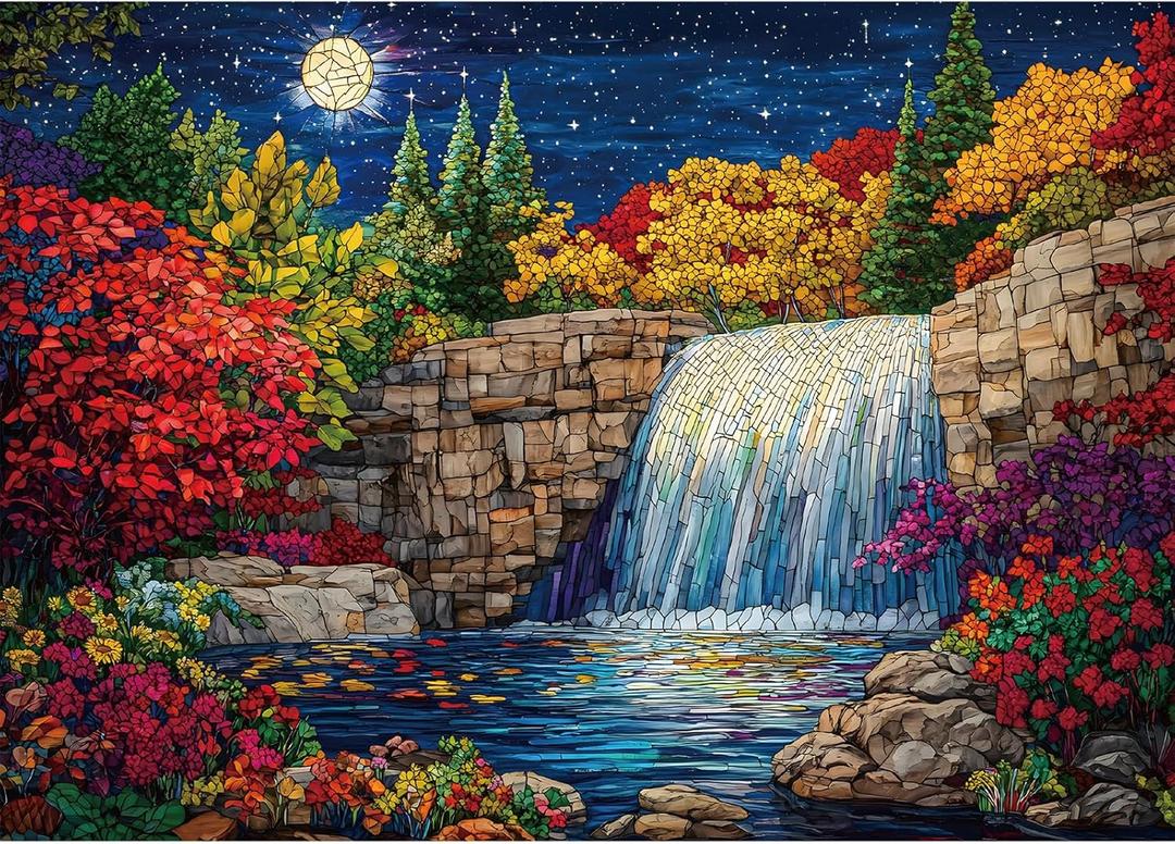 Stained Glass Puzzles for Adults 1000 Pieces, Forest Landscape Jigsaw Puzzles, Nature Difficult Challenging Jigsaw Puzzles, Finished Size 27.56 * 19.69", with 1:1 Poster, Letter on The Back