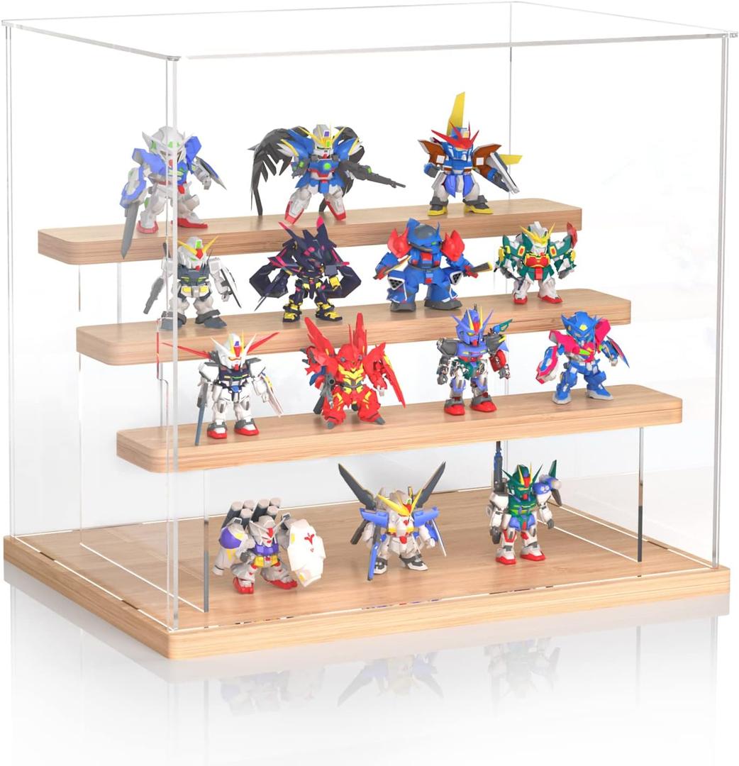 Display Case, innoAura Acrylic Display Case Box with Sticker, 4 Tier Wood Base Display Cases for Collectibles, Action Figure Display Case for Doll Toy Mini Figure (11.8x8.7x11 inch)