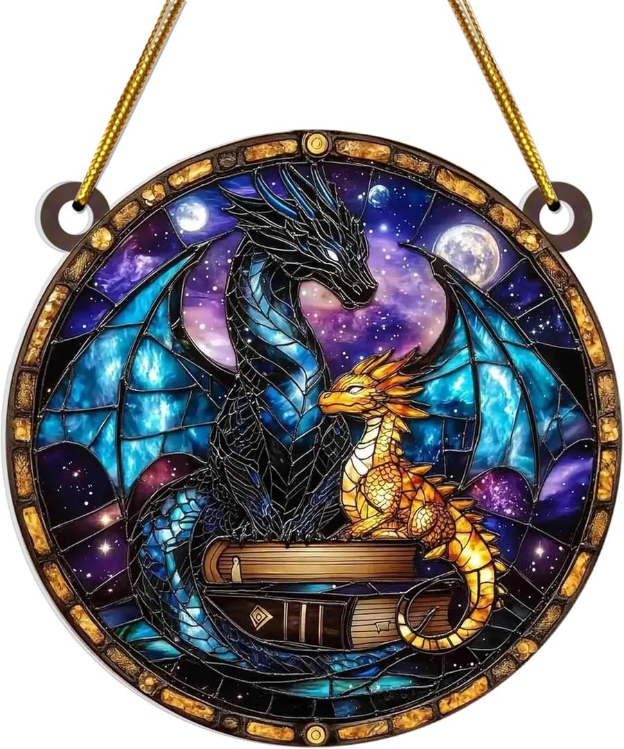 5 x Book Dragon Ornament for Christmas Tree, Dragon Suncatcher Acrylic Hanging Decoration, Book Lovers Gifts for Women, Fantasy Themed Tree Decoration for Tree, Holiday Keepsake