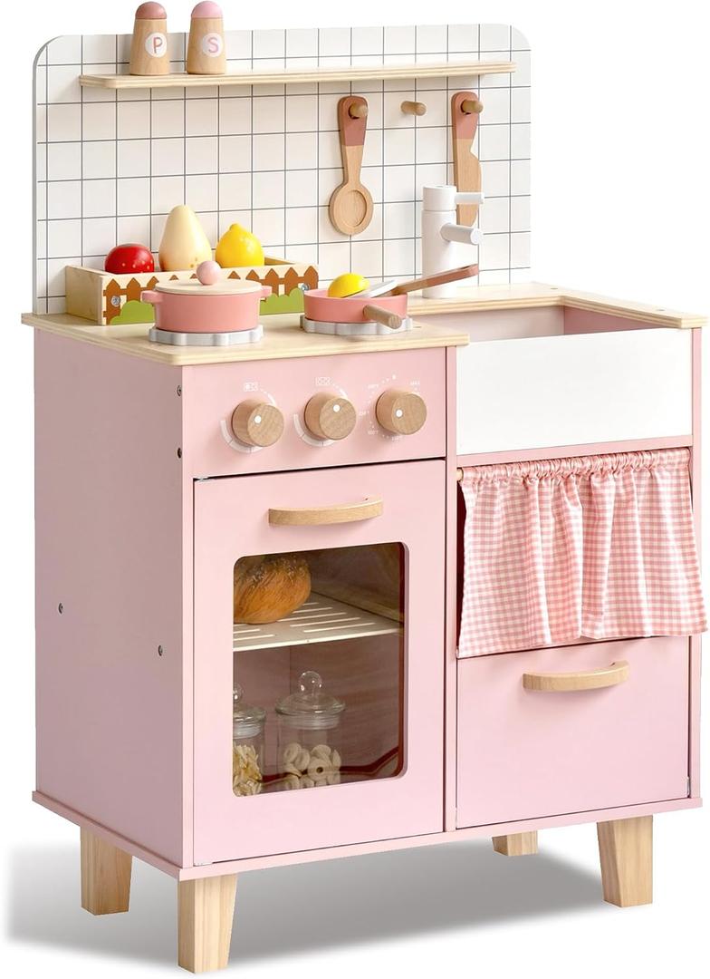 Pink Wooden Play Kitchen with Realistic Features & Accessories, Pretend Cooking Toy for Kids 3+, Ideal Gift for Toddler Boy and Girls, 33.9 x 12.1 x 16.4 inches