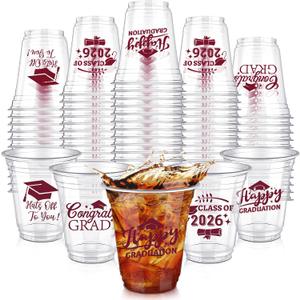 Eaasty 200 Pcs 12oz Graduation Cups 2026 Disposable Plastic Cups for Class of 2026 Graduation Party Congrats Grad Elegant Party Supplies Tableware Decorations (Wine Red)