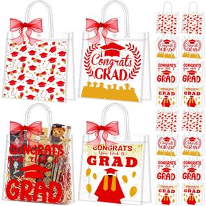 Kolldenn 48 Pcs Graduation Gift Bag Bulk 2026 Congrats Grad Clear Goodies Bags with Handle Reusable Treats Tote Bag for Students High School College Graduates End of School Year Class Party(Red)