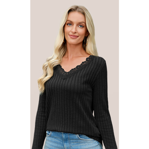 Tankaneo Womens Lace V Neck Tunic Tops Long Sleeve Ribbed Knit Shirts Fall Casual Basic Tees M