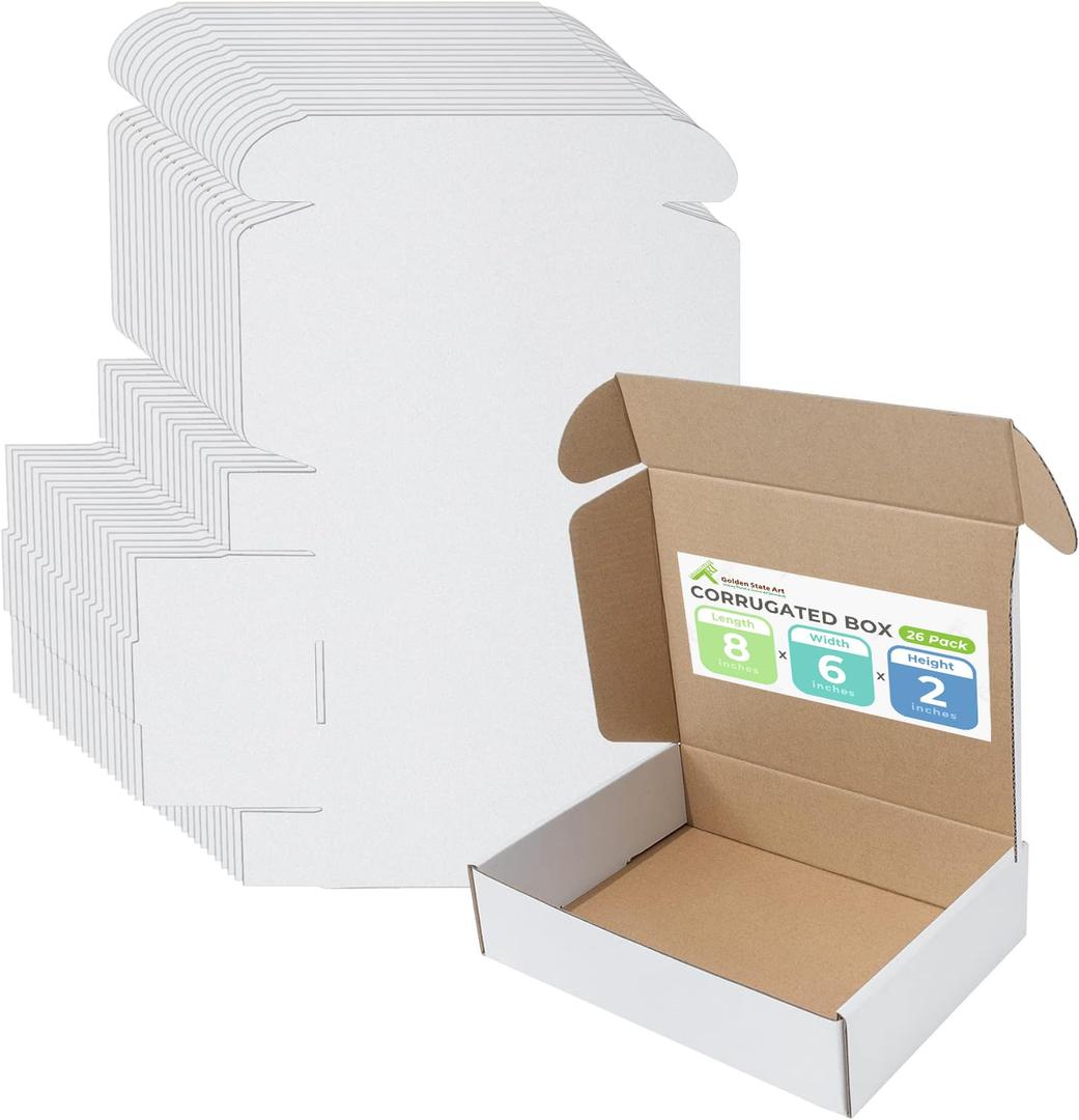 Golden State Art, 8x6x2 inches Shipping Boxes Pack of 26, White Corrugated Cardboard Boxes for Mailing Packing Literature Mailer