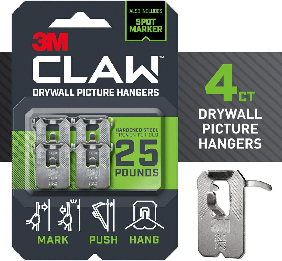 3M Claw 25 lb. Drywall Picture Hanger with Spot Markers, Heavyweight Hanging Solution for Room Decor and Office Decor, Including Mirrors or Large Art - 4 Pack