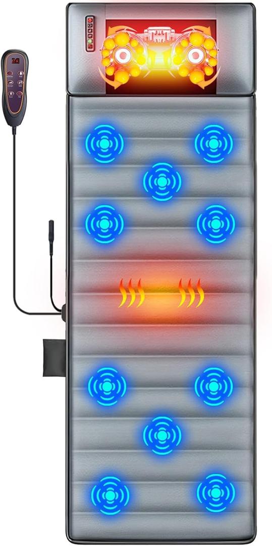 Full Body Massage Mat with Heat & Movable Shiatsu Neck Back Massager Pillow, Upgraded Massage Mattress Pad with 10 Vibration Motors, 2 Heating Pads & 9 Massage Modes, for Neck Back Leg Pain Relief